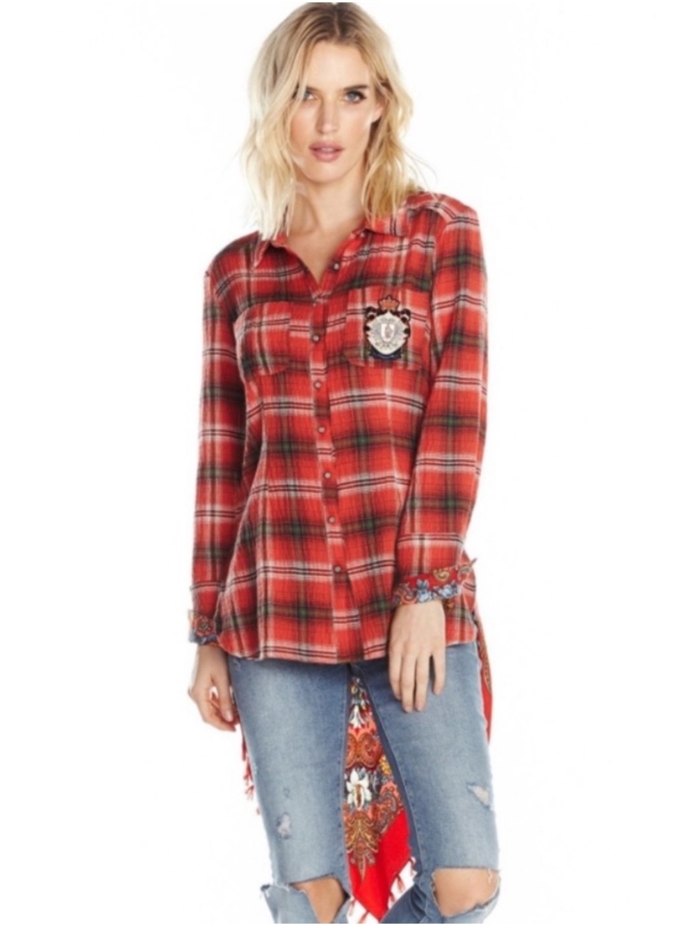 Aratta Red Plaid Button-Down with Paisley Asymmetric Back